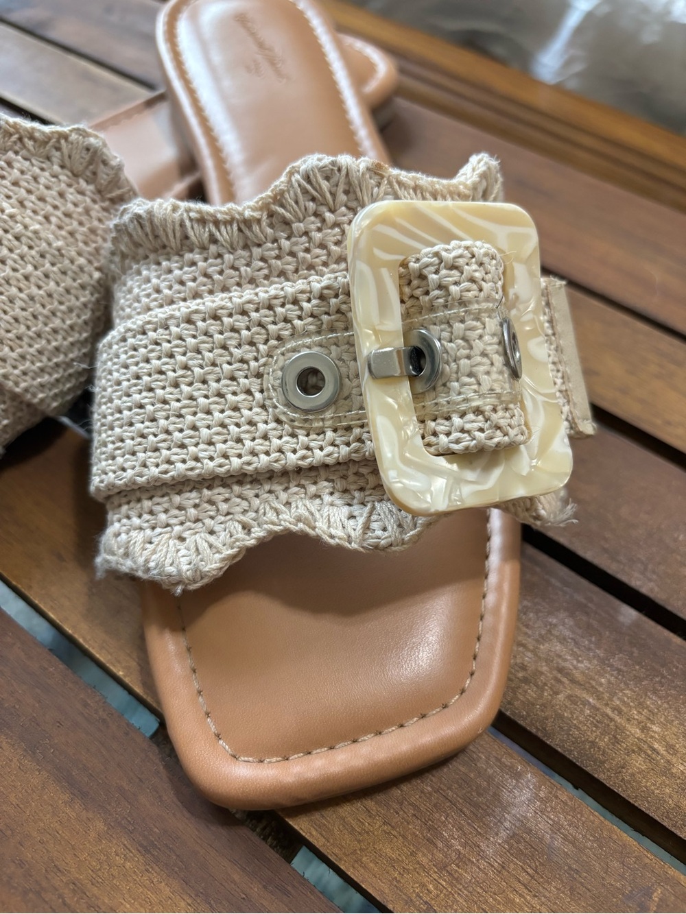 Neutral Woven Slide Sandals with Tortoiseshell Buckle - Picture 2 of 2